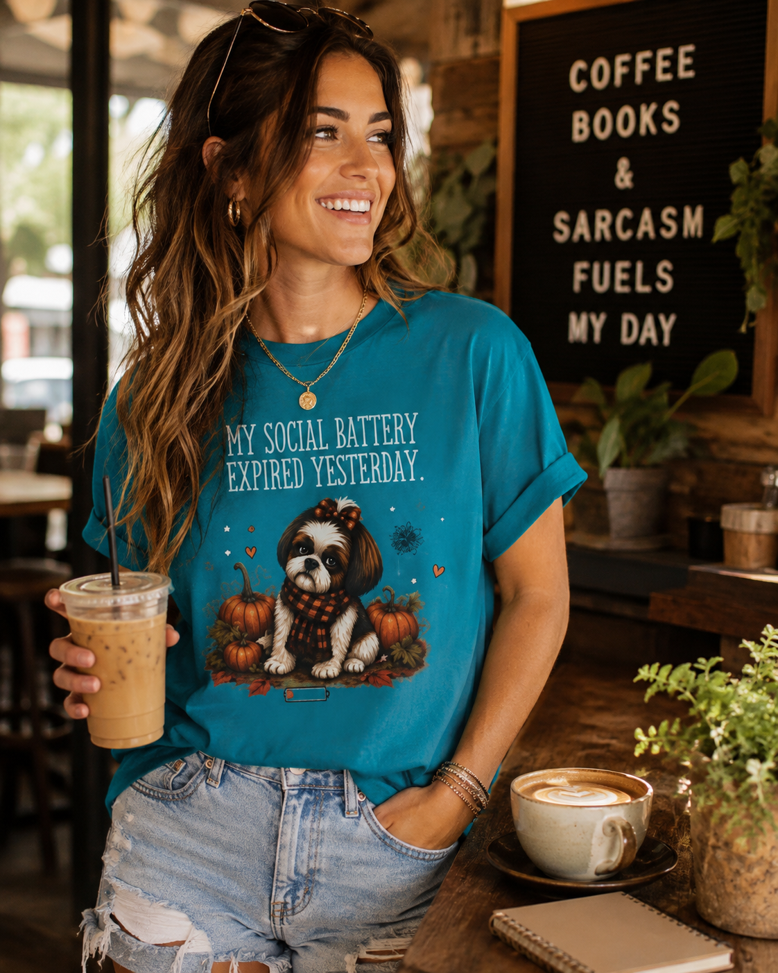 My Social Battery Expired Yesterday' Cute Shih Tzu Pumpkin Fall Tee