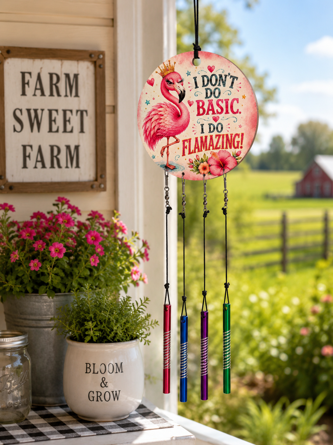 Decorative wind chime with flamingo design and text, placed on a windowsill with outdoor view.