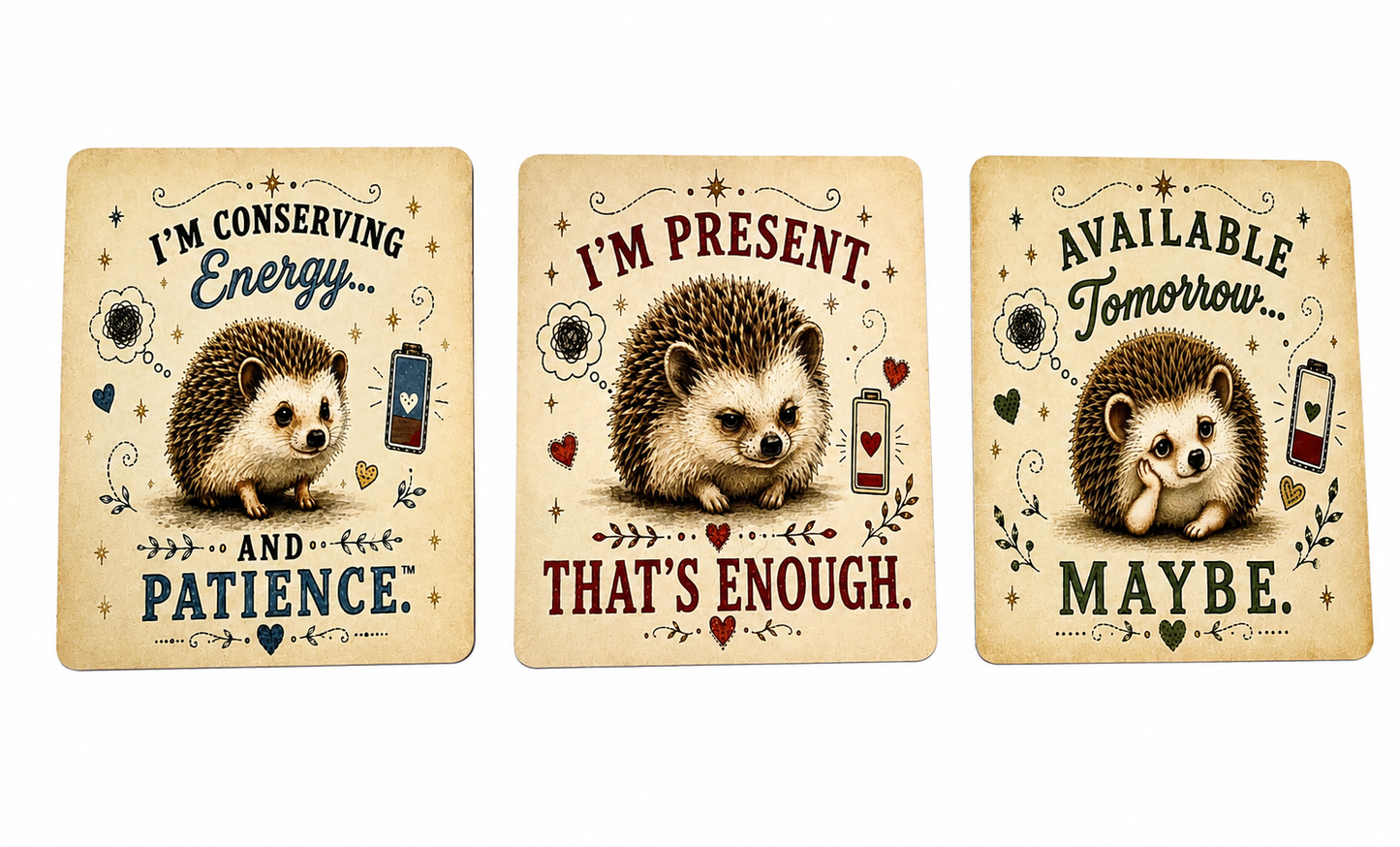 Three rectangular decorative coasters with rounded corners displayed side by side on a white background. Each coaster features a vintage-style illustration of a hedgehog with humorous text: 'I'M CONSERVING Energy.