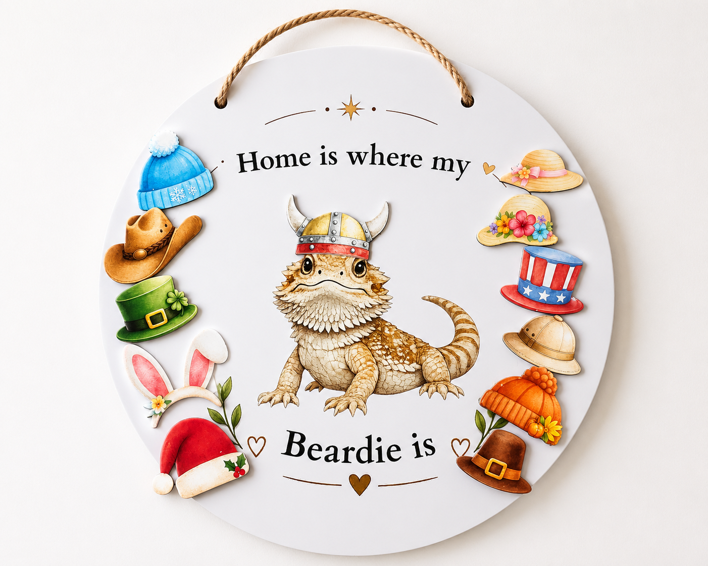 Decorative sign with a bearded dragon illustration and various hats around it on a white background.
