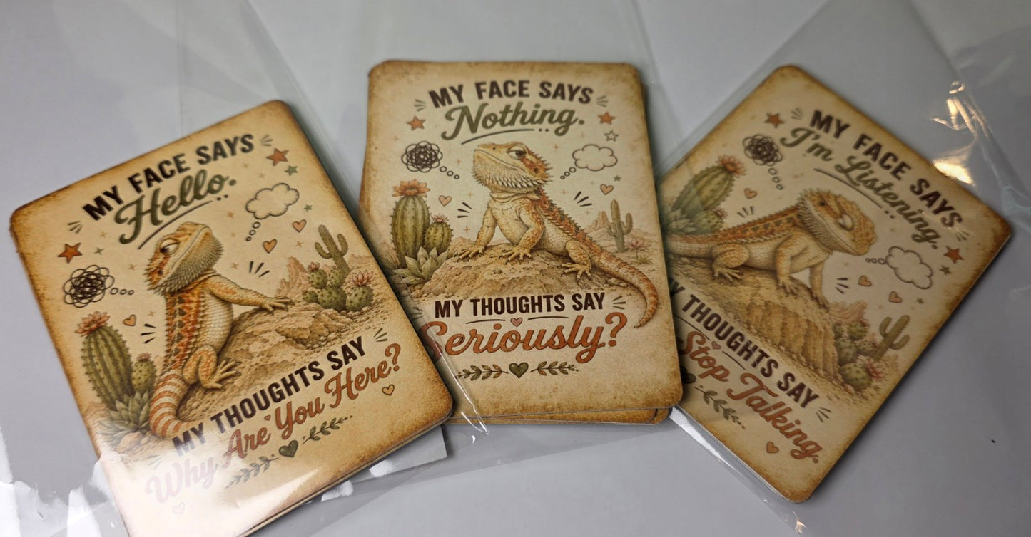 Three decorative magnets with beardie lizard illustrations and humorous text on a white background.