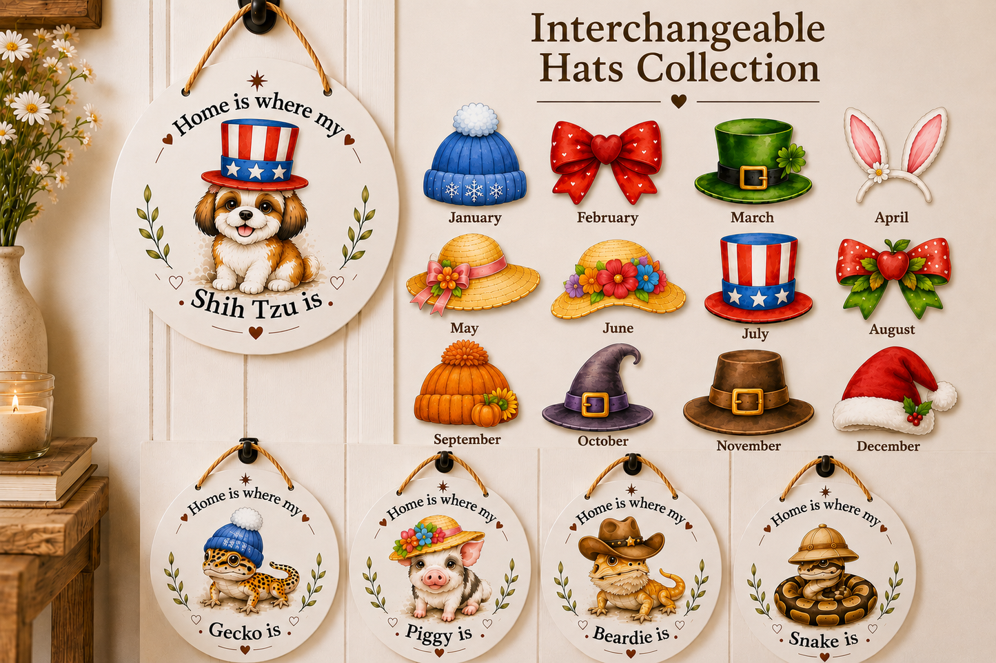 Decorative wall hanging with interchangeable hats for different months featuring a Shih Tzu, Gecko, Piggy, Beardie, and Snake.