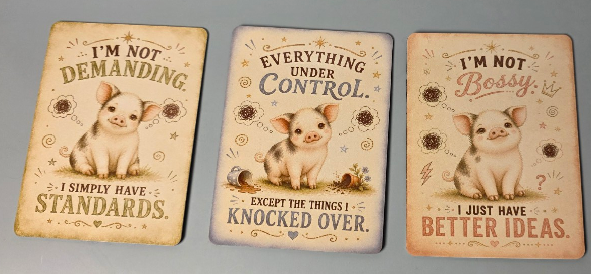 mini pig-themed magnets illustrations and humorous quotes on a gray background.