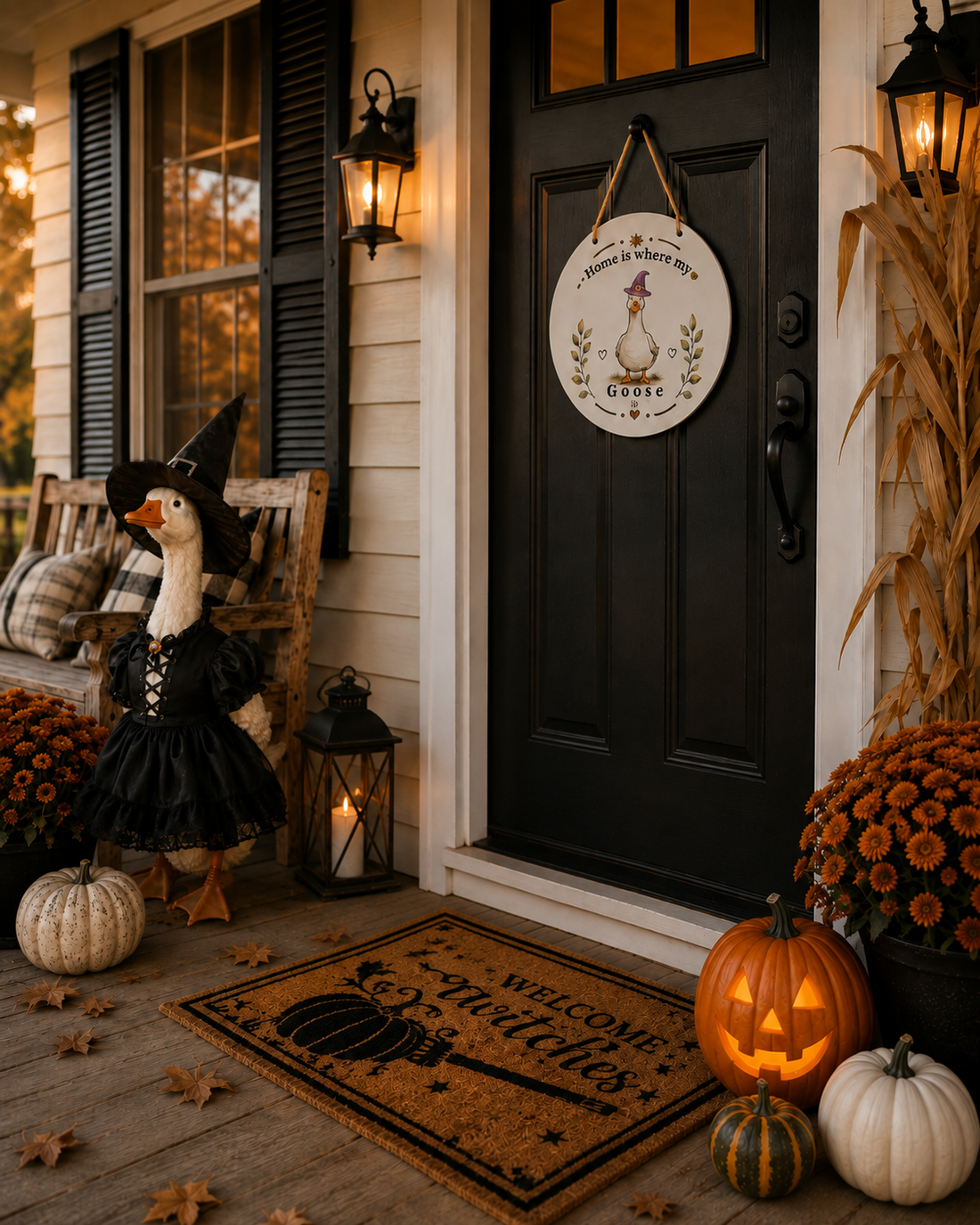 A decorated concrete porch goose wearing a seasonal outfit on a front porch, representing the beloved American lawn ornament tradition.