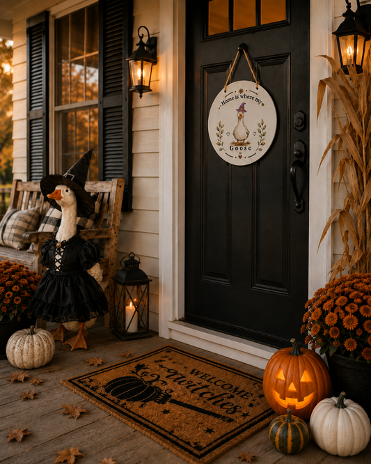 A decorated concrete porch goose wearing a seasonal outfit on a front porch, representing the beloved American lawn ornament tradition.