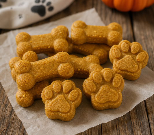 Homemade pumpkin dog treats on a wooden surface surrounded by fall decorations