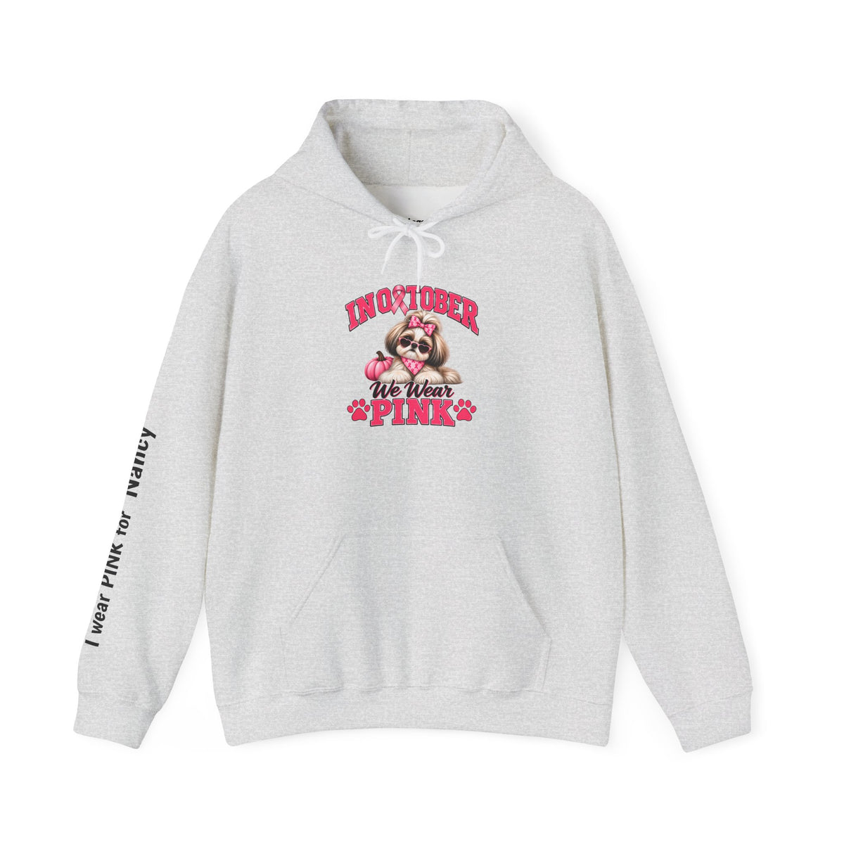 Personalized Shih Tzu Breast Cancer Awareness Hoodie – “I Wear Pink For” Custom Sleeve