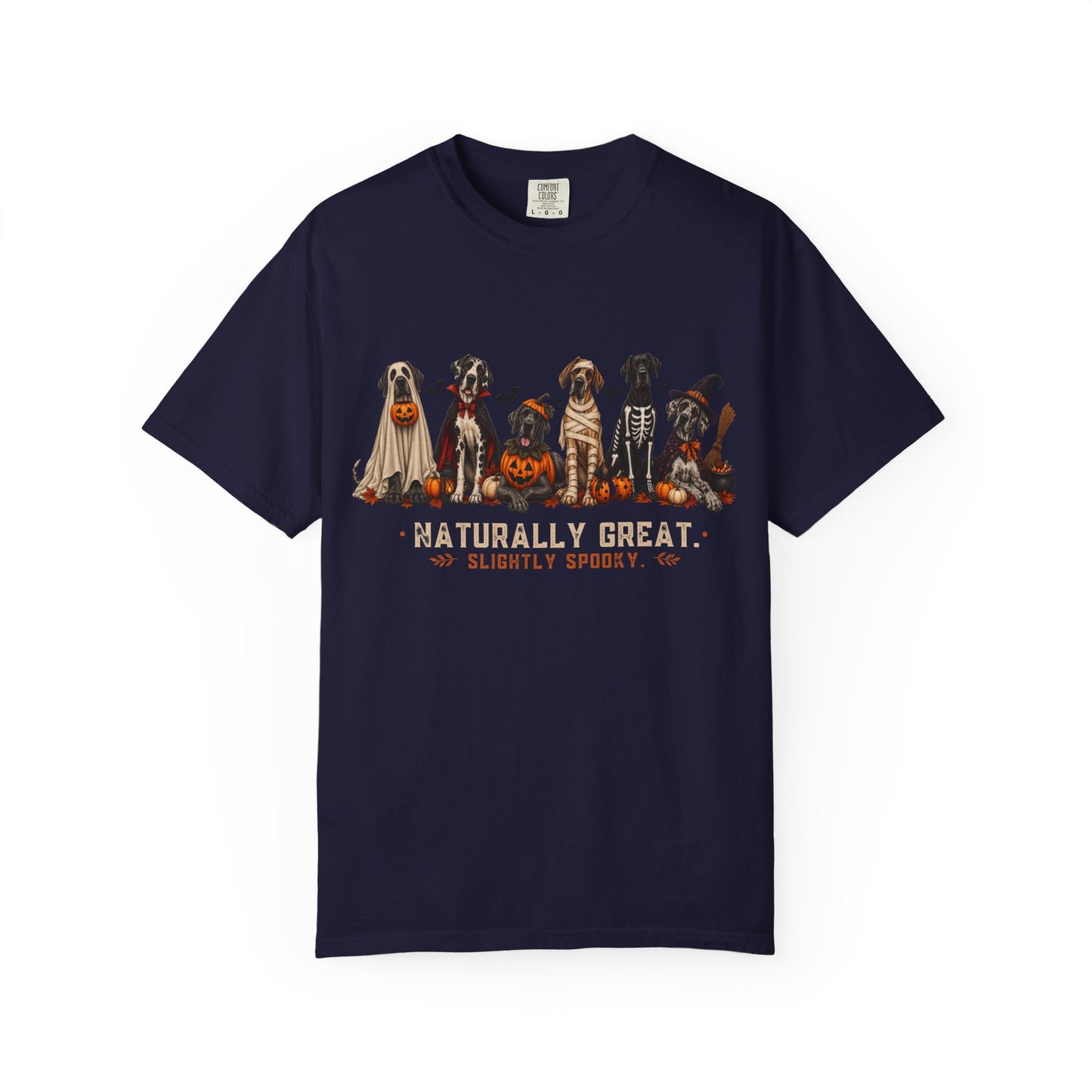 Halloween Great Danes in Costume Funny T-Shirt — "Naturally Great" Pumpkin & Skeleton Dane Graphic Tee