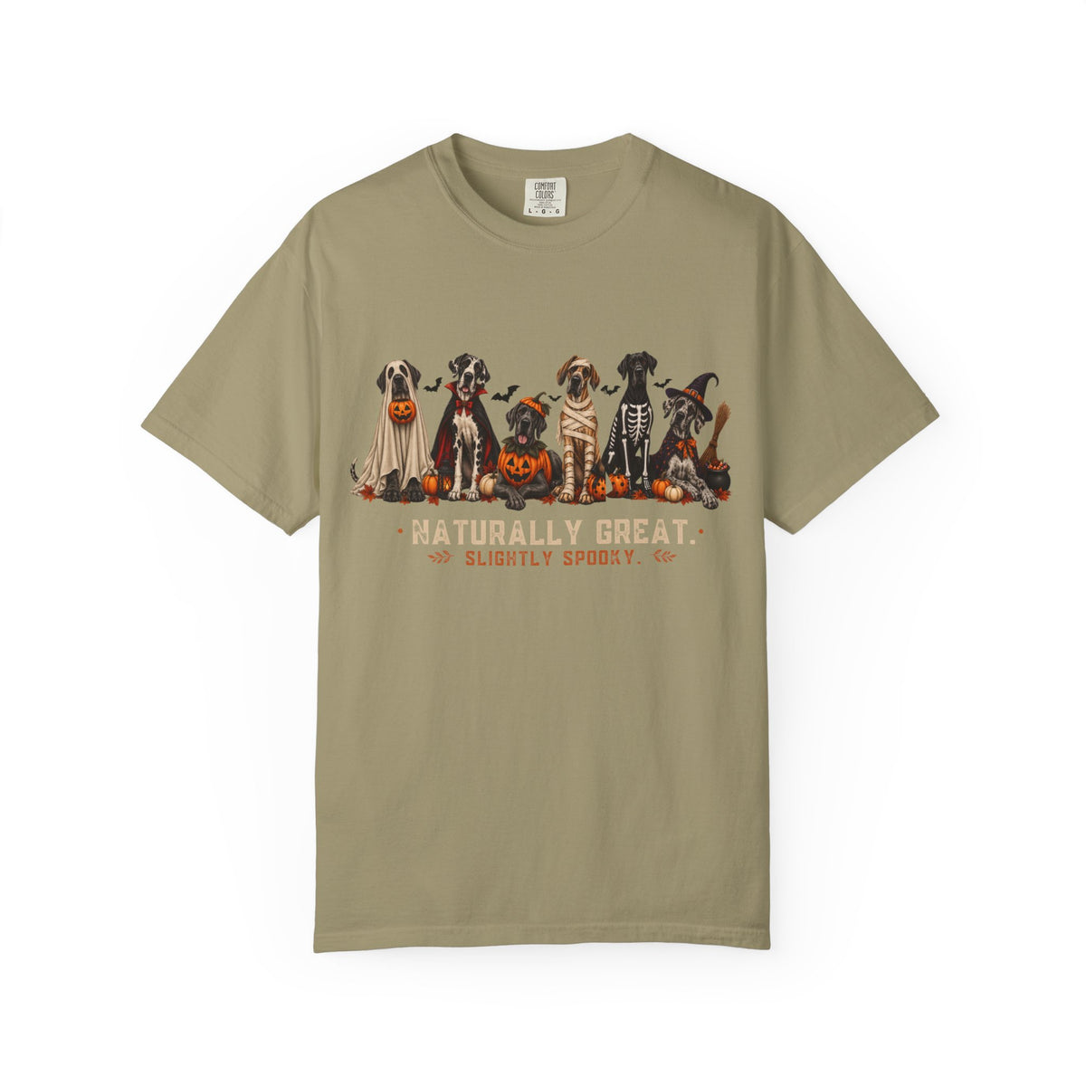 Halloween Great Danes in Costume Funny T-Shirt — "Naturally Great" Pumpkin & Skeleton Dane Graphic Tee