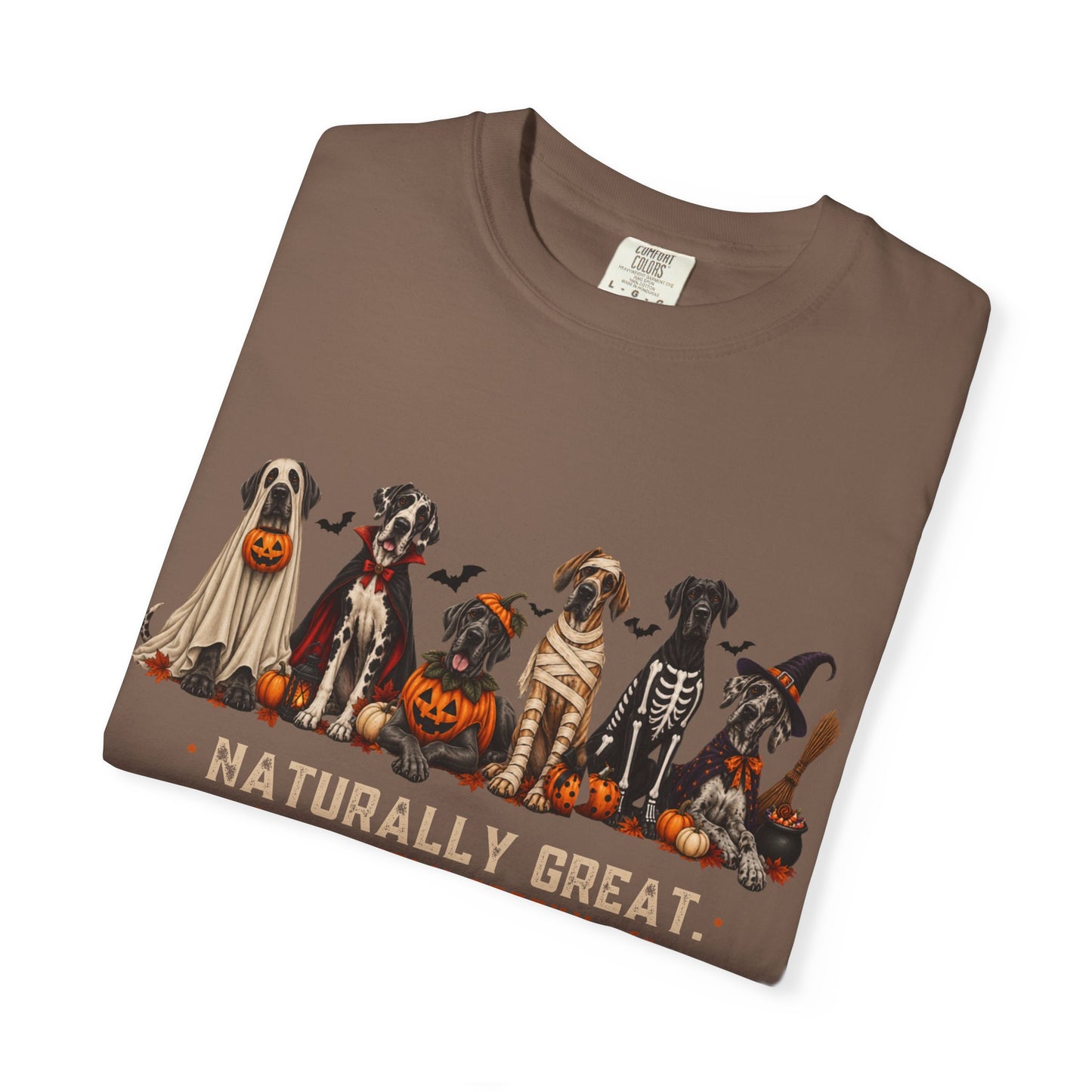 Halloween Great Danes in Costume Funny T-Shirt — "Naturally Great" Pumpkin & Skeleton Dane Graphic Tee