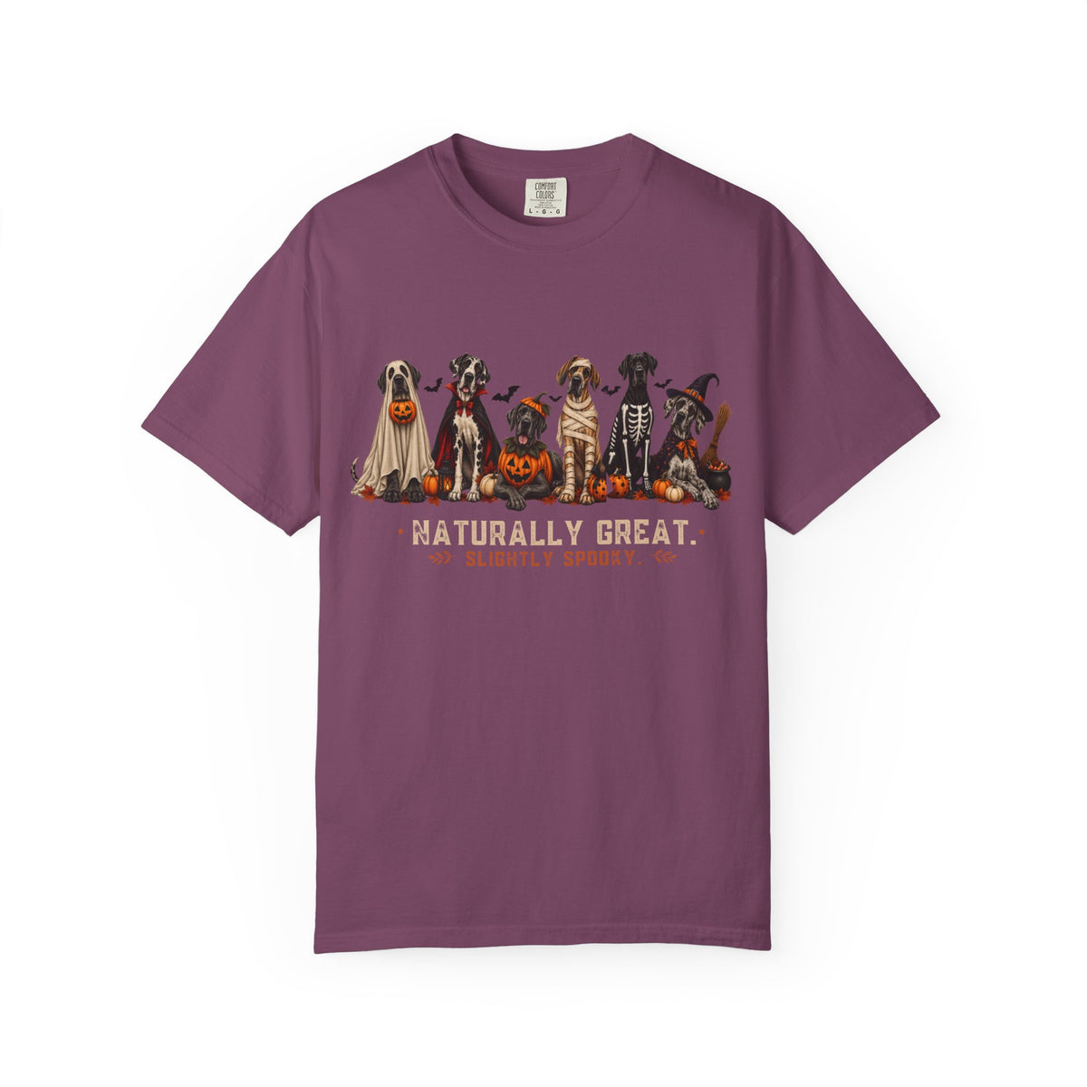 Halloween Great Danes in Costume Funny T-Shirt — "Naturally Great" Pumpkin & Skeleton Dane Graphic Tee
