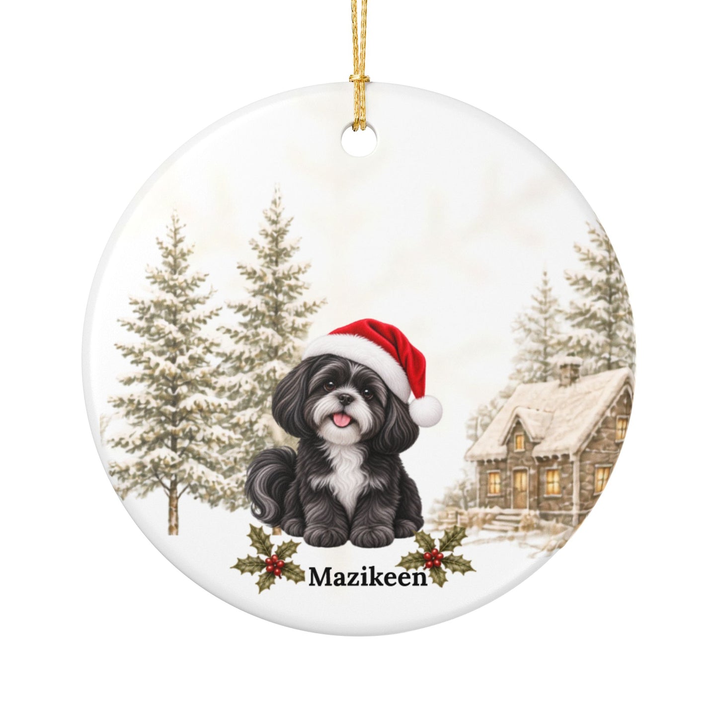 Personalized Black with White Shih Tzu Christmas Ornament | Custom Ceramic Dog Ornament 2026
