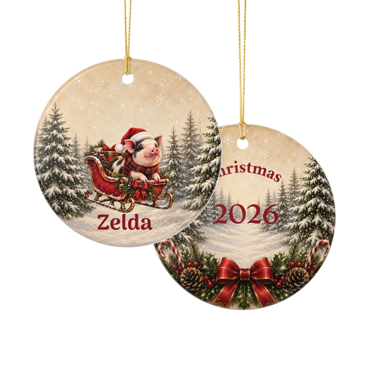 Personalized Christmas Ceramic Mini Pig Ornament – Santa Pig & Name, 2026 Holiday Tree Decoration
