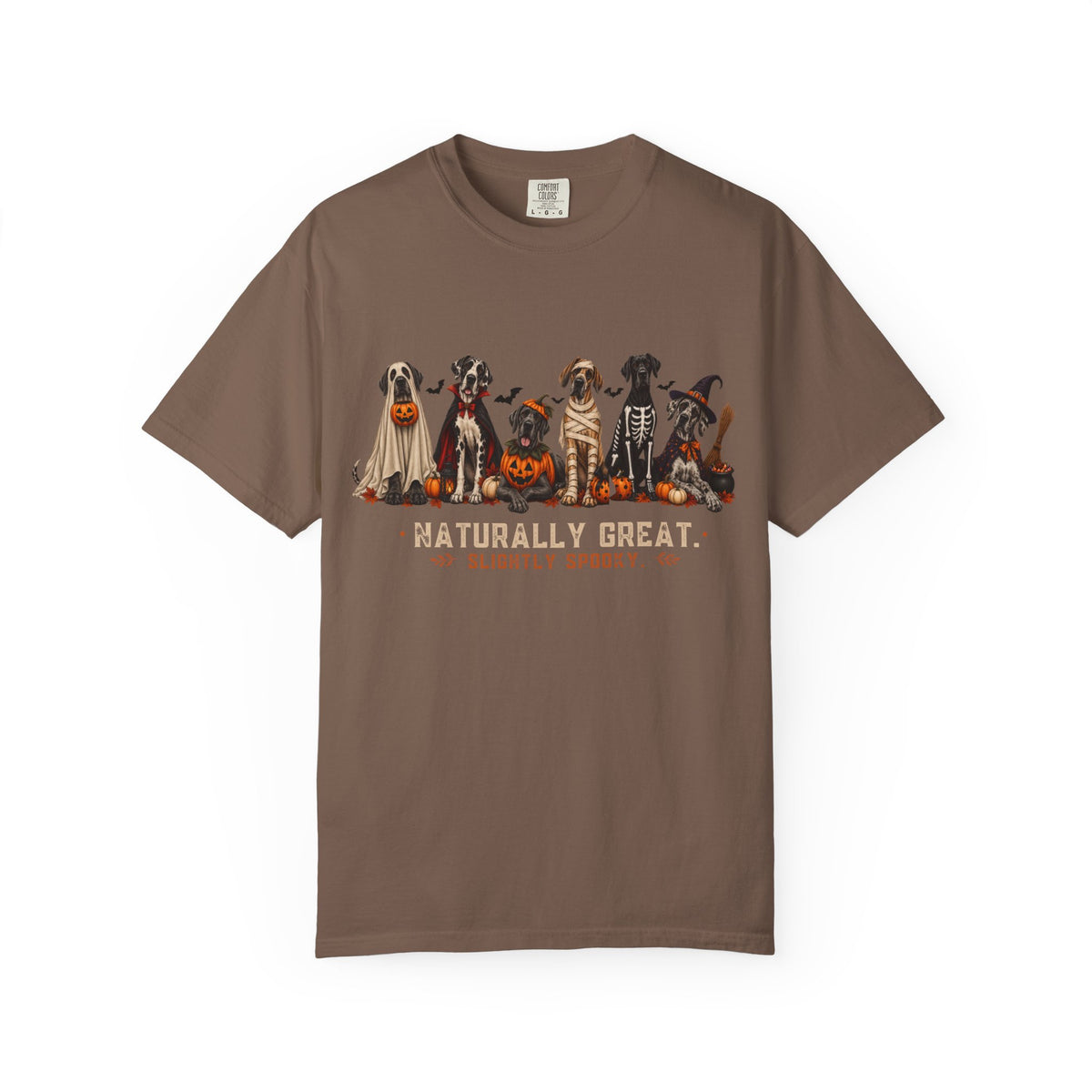 Halloween Great Danes in Costume Funny T-Shirt — "Naturally Great" Pumpkin & Skeleton Dane Graphic Tee
