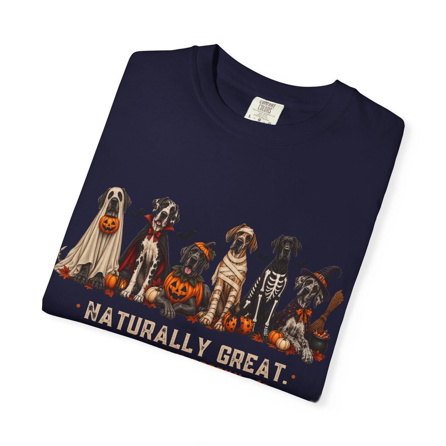 Halloween Great Danes in Costume Funny T-Shirt — "Naturally Great" Pumpkin & Skeleton Dane Graphic Tee