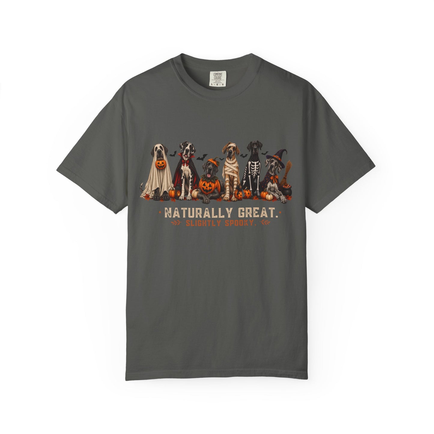 Halloween Great Danes in Costume Funny T-Shirt — "Naturally Great" Pumpkin & Skeleton Dane Graphic Tee