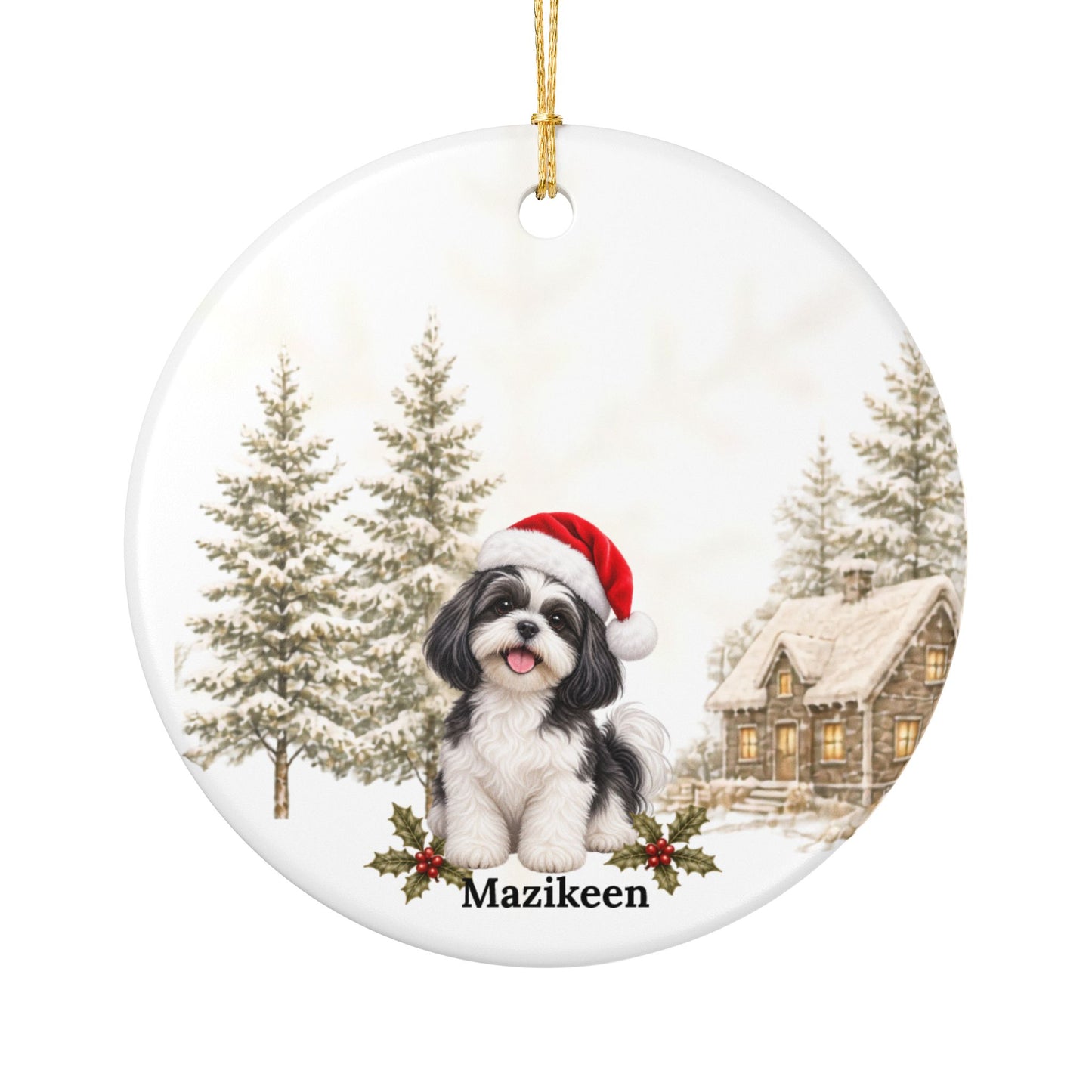 Personalized Black & White Shih Tzu Christmas Ornament | Custom Ceramic Dog Ornament 2026