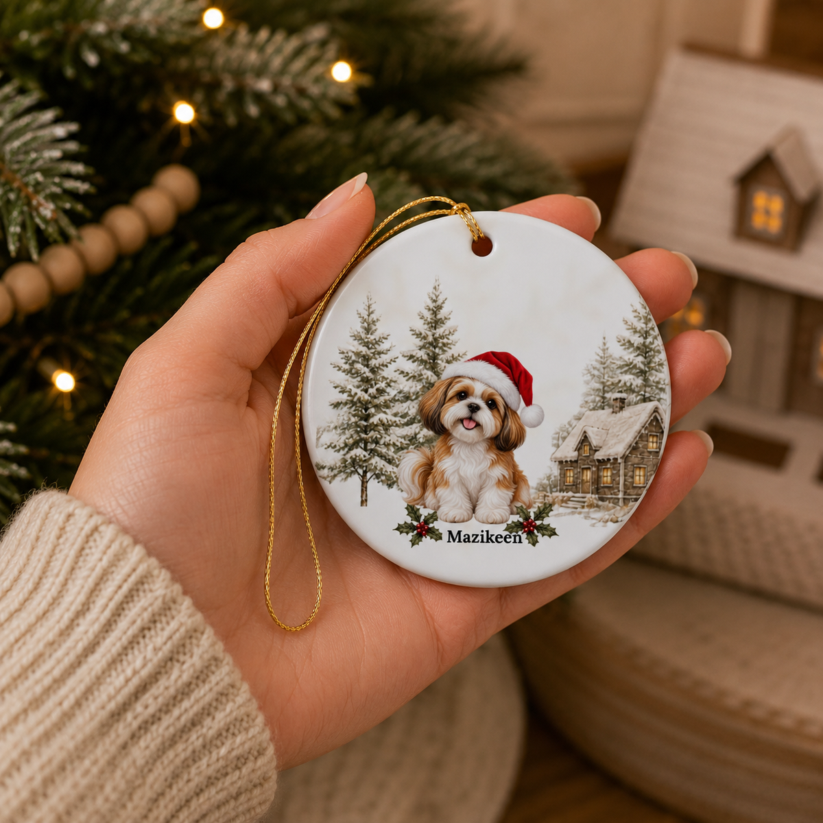 Personalized Gold Tan & White Shih Tzu Christmas Ornament | Custom Ceramic Dog Ornament 2026