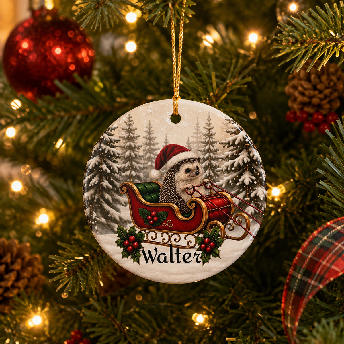 Personalized Hedgehog Christmas Ornament | Santa Sleigh Ceramic | Custom Hedgehog Owner Gift 2026