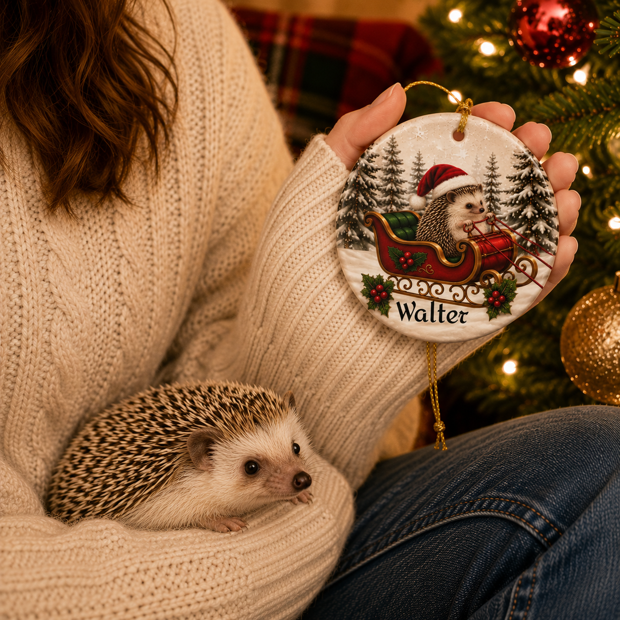Personalized Hedgehog Christmas Ornament | Santa Sleigh Ceramic | Custom Hedgehog Owner Gift 2026