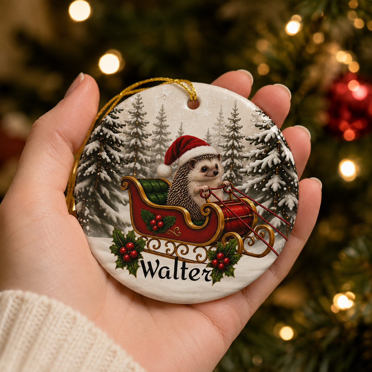 Personalized Hedgehog Christmas Ornament | Santa Sleigh Ceramic | Custom Hedgehog Owner Gift 2026