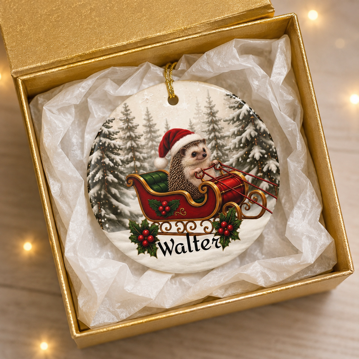 Personalized Hedgehog Christmas Ornament | Santa Sleigh Ceramic | Custom Hedgehog Owner Gift 2026