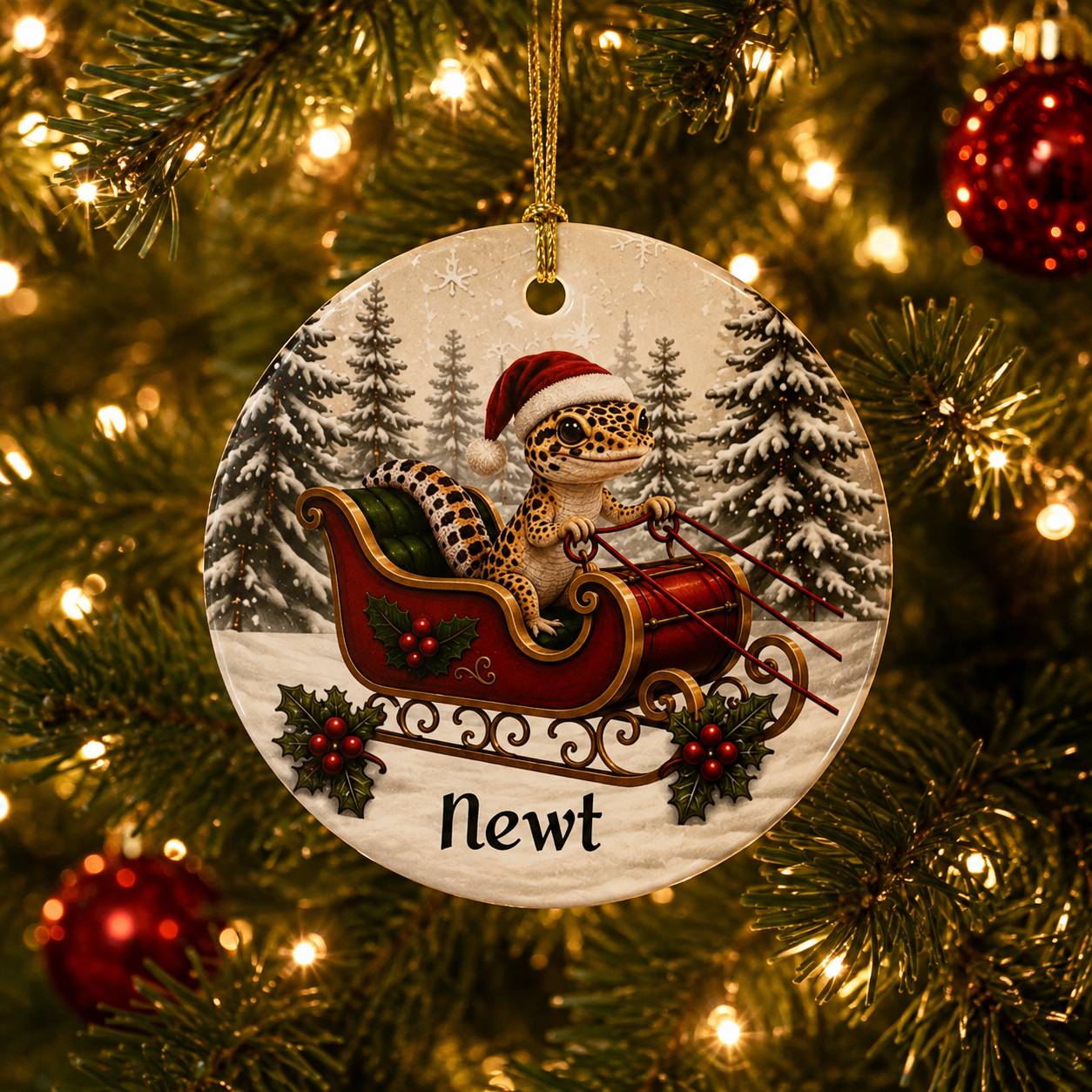 Personalized Leopard Gecko Christmas Ornament | Santa Sleigh Ceramic | Custom Reptile Gift 2026