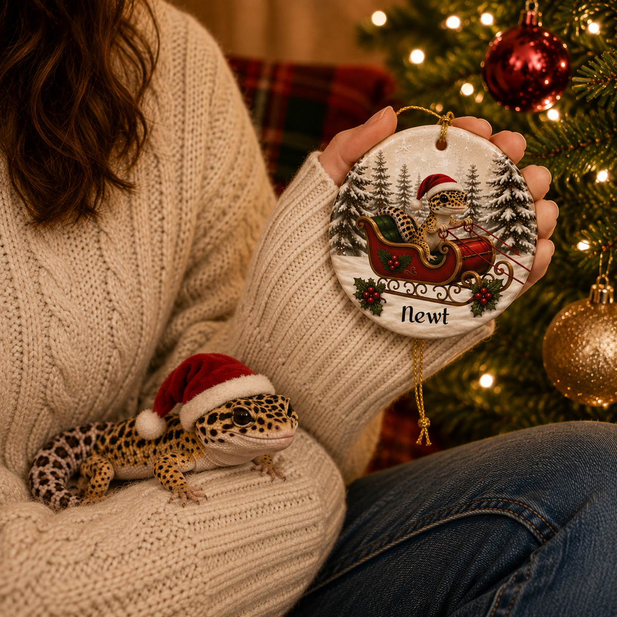 Personalized Leopard Gecko Christmas Ornament | Santa Sleigh Ceramic | Custom Reptile Gift 2026