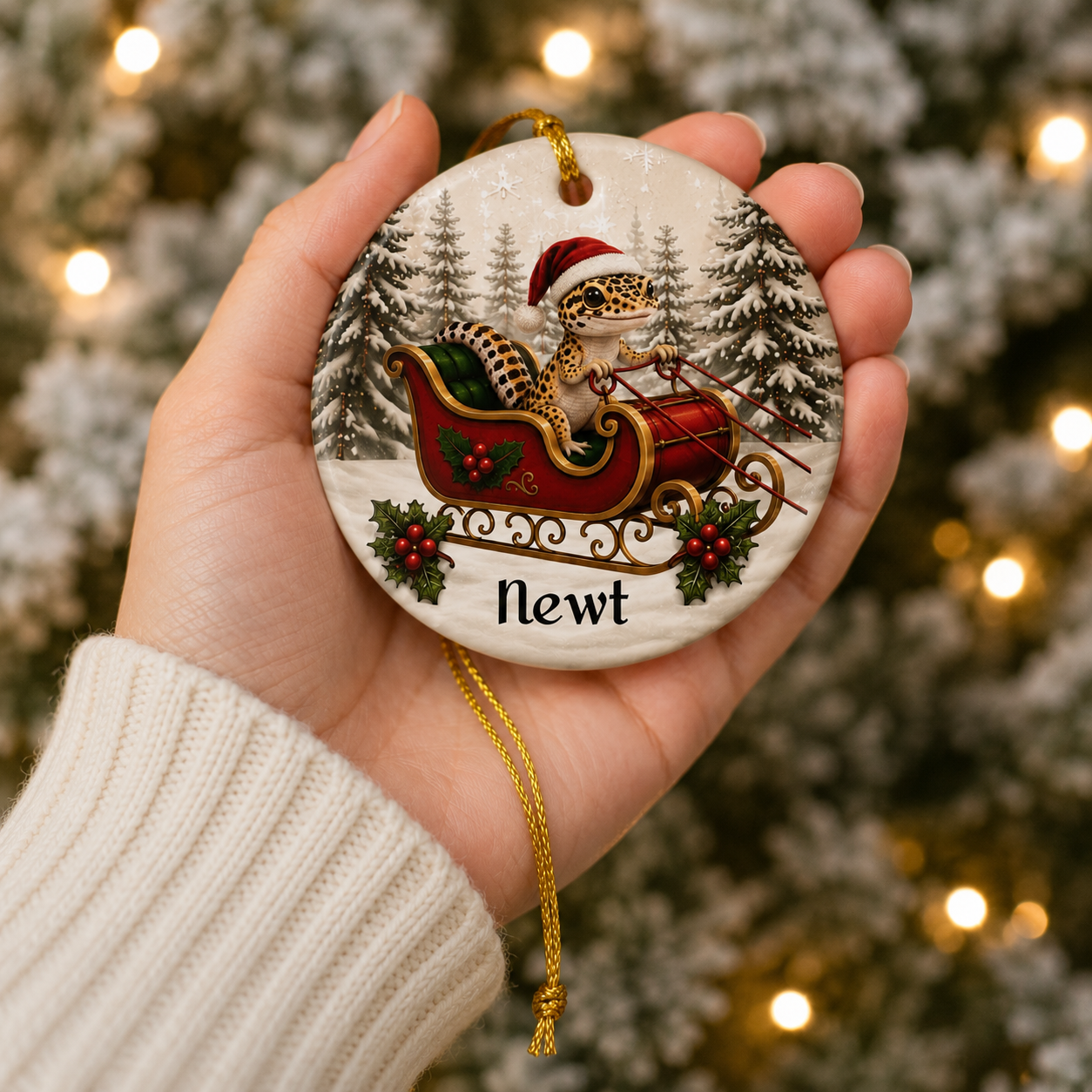 Personalized Leopard Gecko Christmas Ornament | Santa Sleigh Ceramic | Custom Reptile Gift 2026