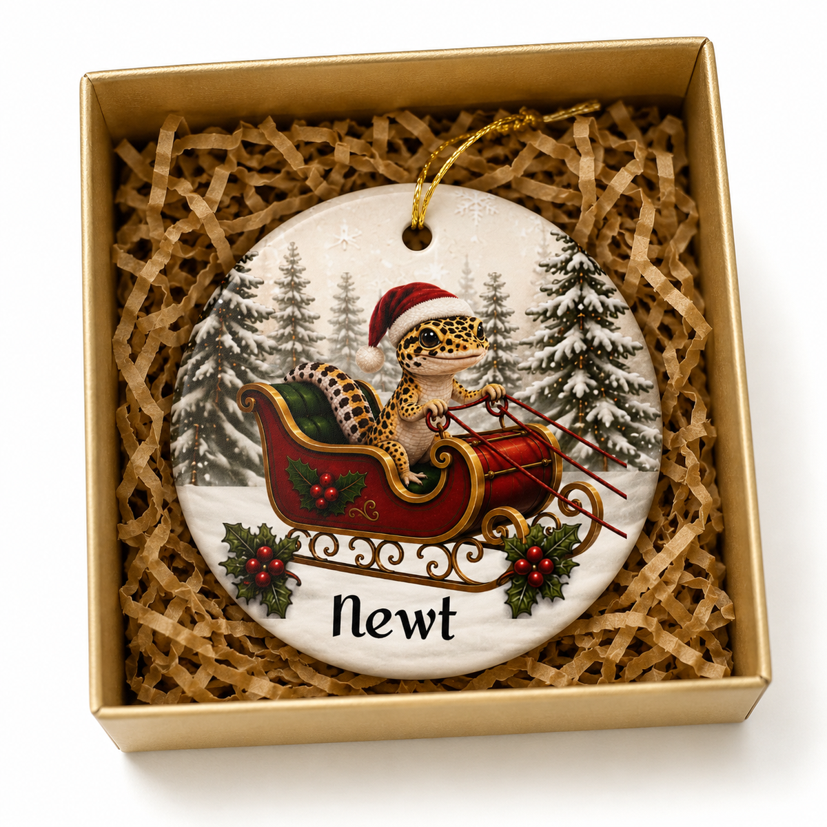 Personalized Leopard Gecko Christmas Ornament | Santa Sleigh Ceramic | Custom Reptile Gift 2026