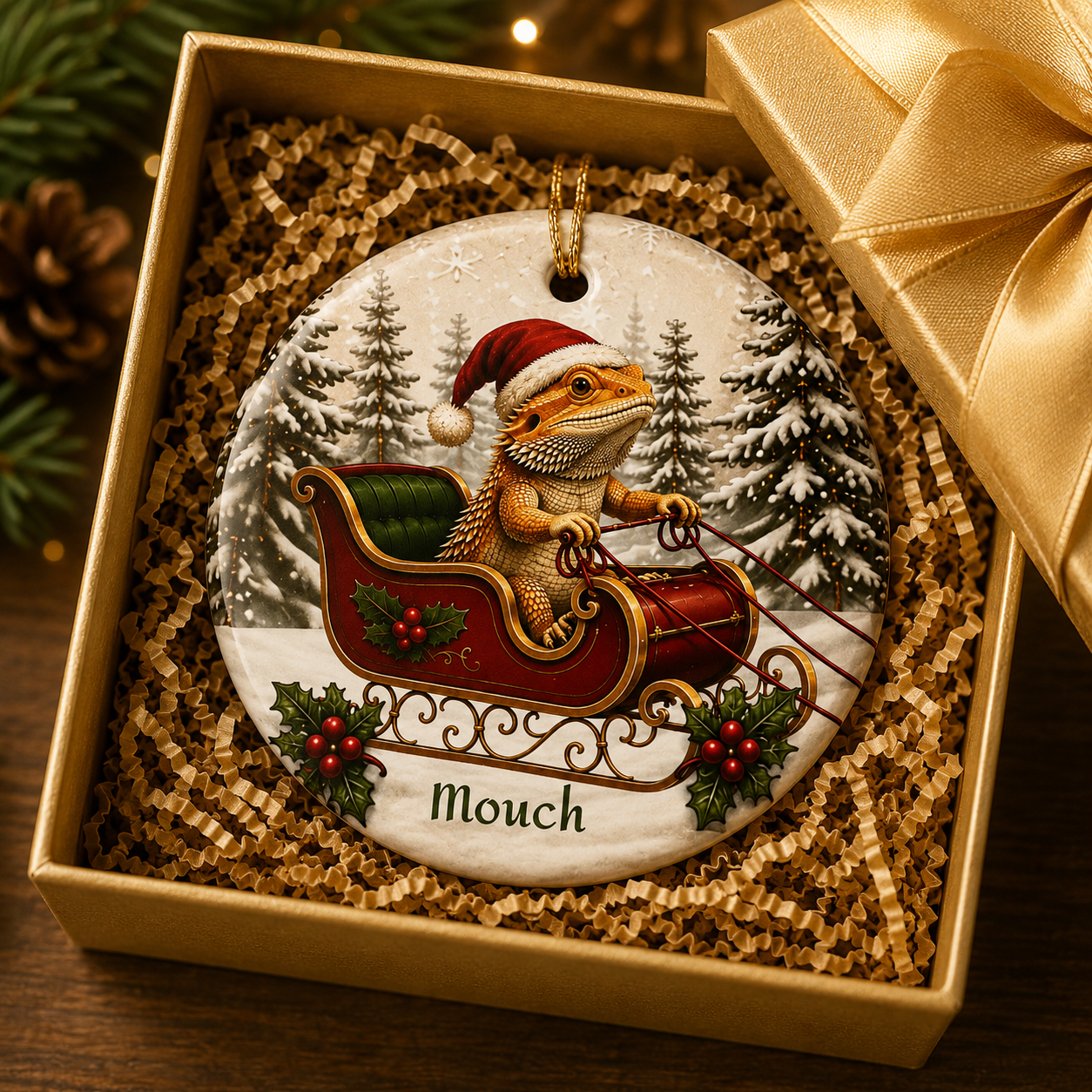 Bearded Dragon Christmas Ornament | Santa Sleigh Ceramic | Reptile Lover Gift 2026