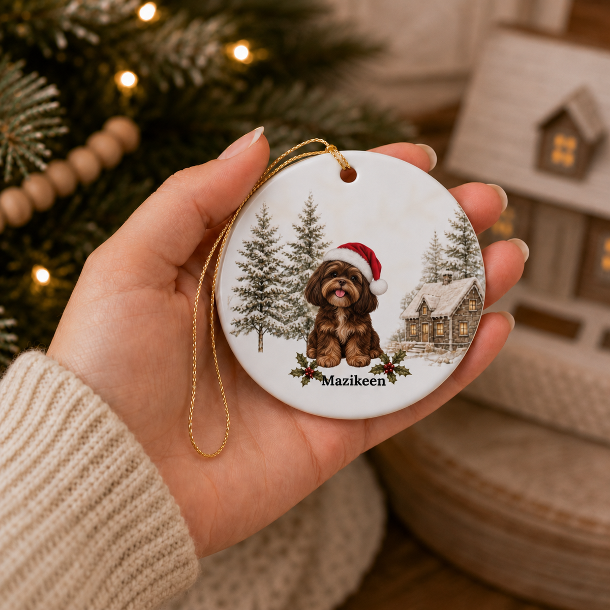 Personalized Brown & Cream Shih Tzu Christmas Ornament | Custom Ceramic Dog Ornament 2026