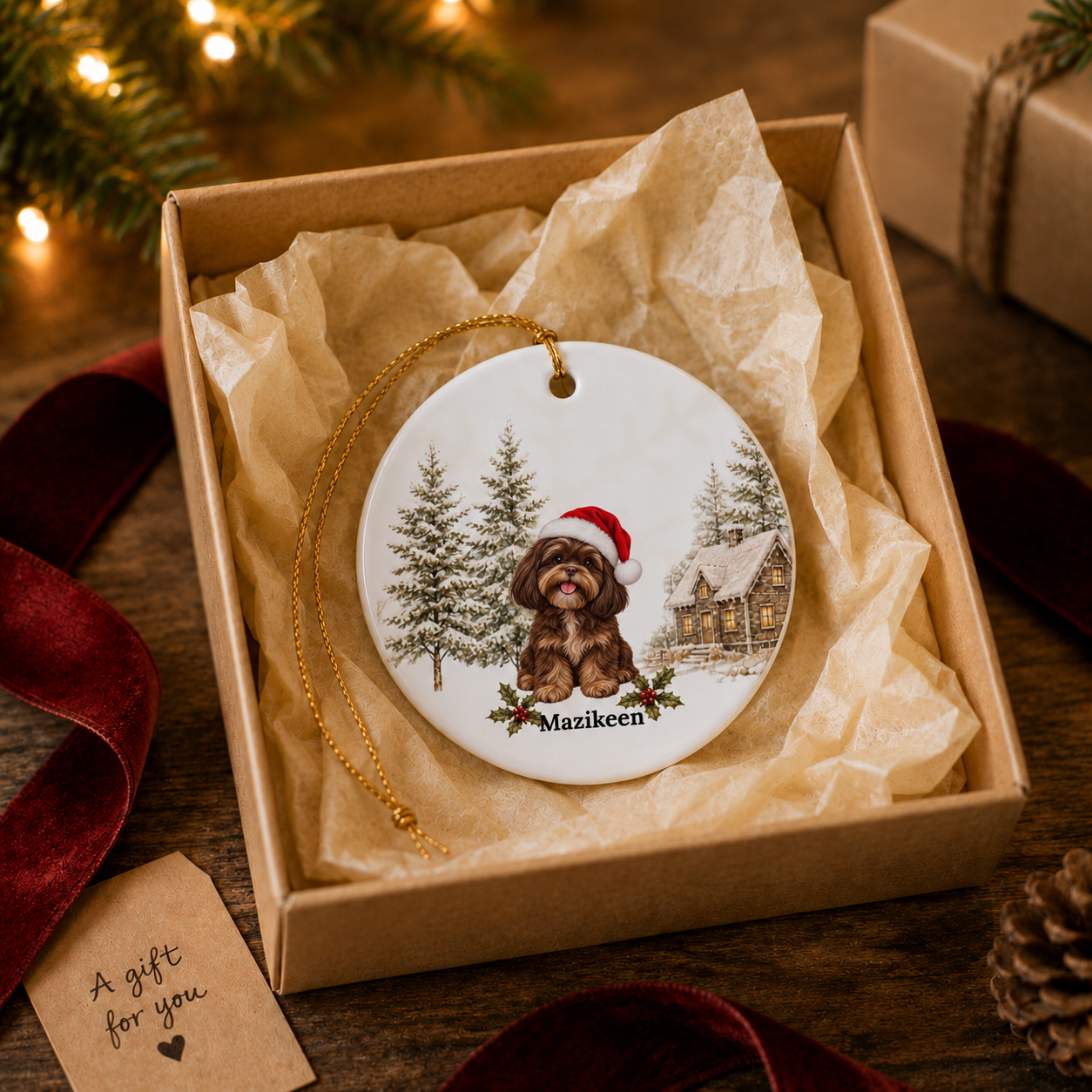 Personalized Brown & Cream Shih Tzu Christmas Ornament | Custom Ceramic Dog Ornament 2026