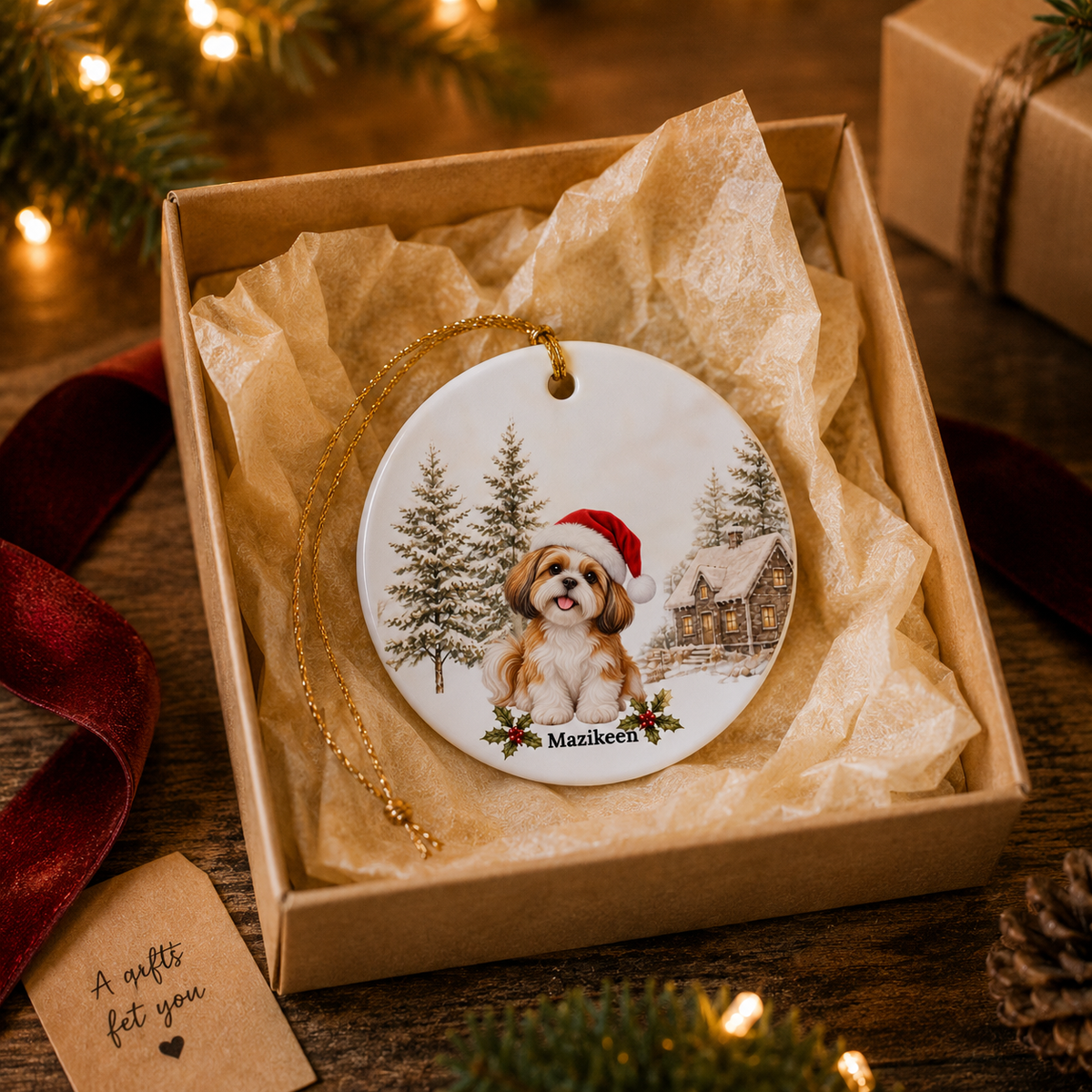 Personalized Gold Tan & White Shih Tzu Christmas Ornament | Custom Ceramic Dog Ornament 2026