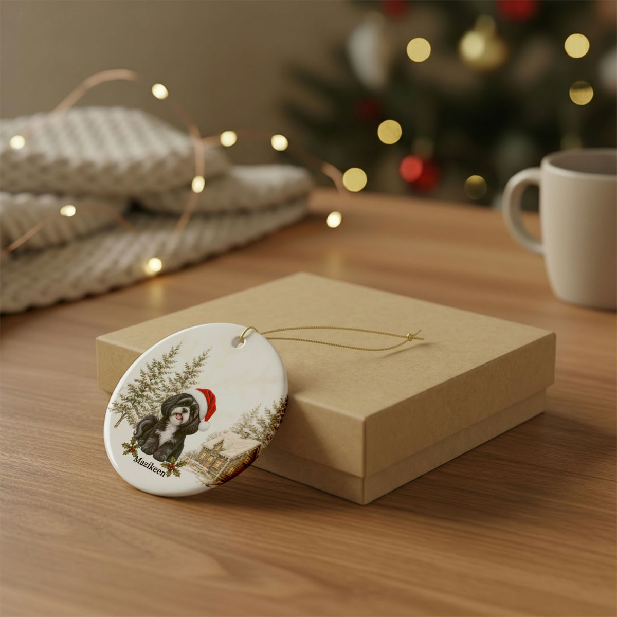 Personalized Black with White Shih Tzu Christmas Ornament | Custom Ceramic Dog Ornament 2026