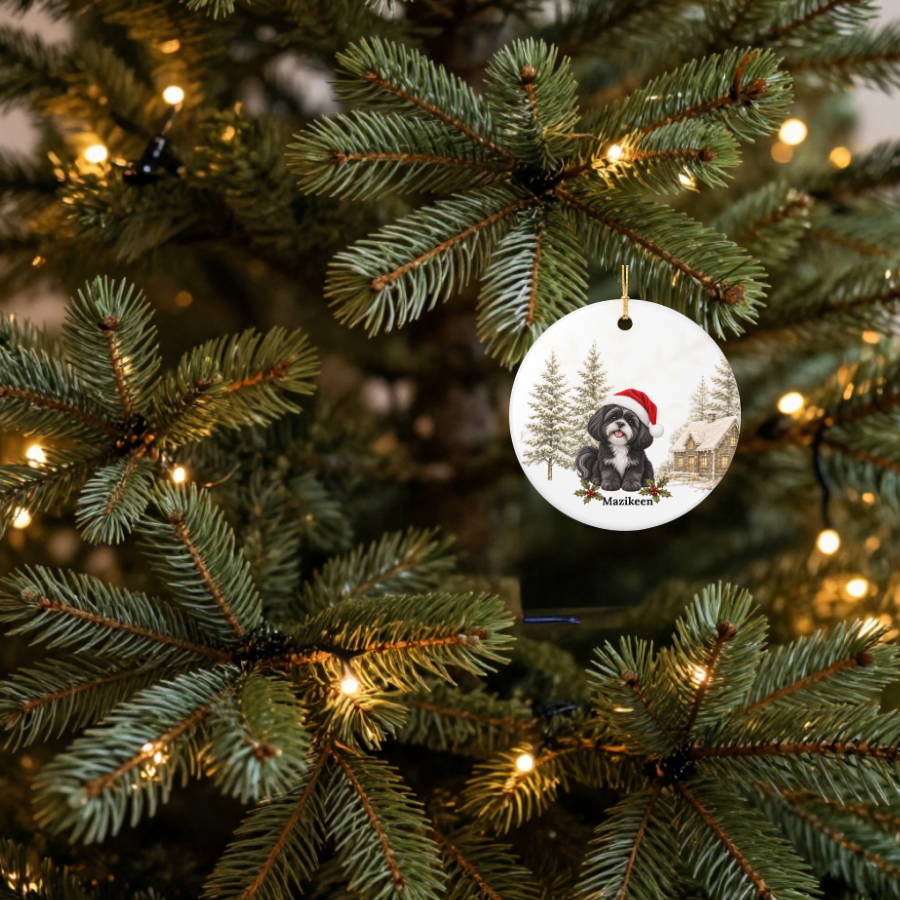 Personalized Black with White Shih Tzu Christmas Ornament | Custom Ceramic Dog Ornament 2026