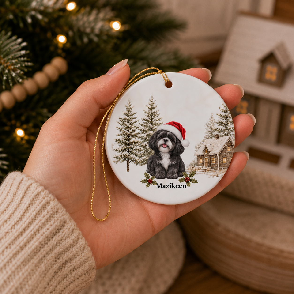 Personalized Black with White Shih Tzu Christmas Ornament | Custom Ceramic Dog Ornament 2026