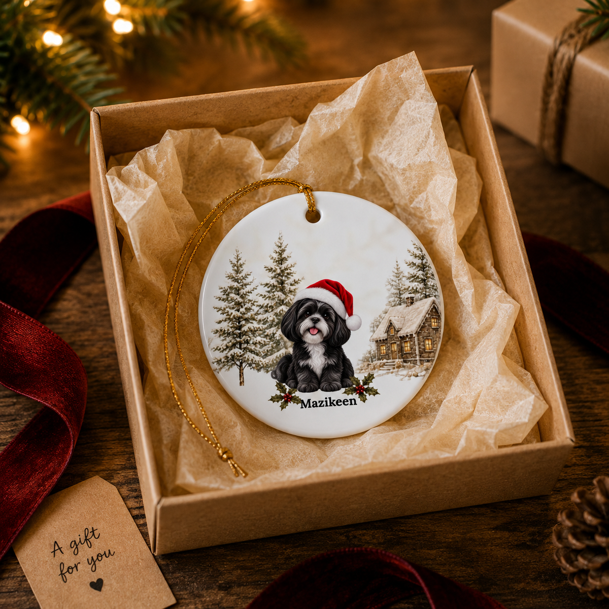 Personalized Black with White Shih Tzu Christmas Ornament | Custom Ceramic Dog Ornament 2026
