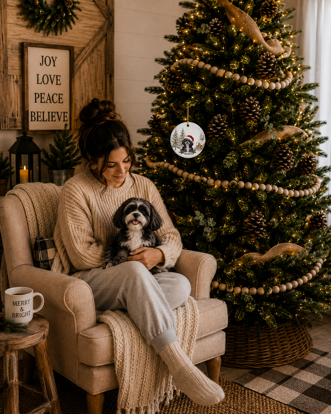 Personalized Black with White Shih Tzu Christmas Ornament | Custom Ceramic Dog Ornament 2026