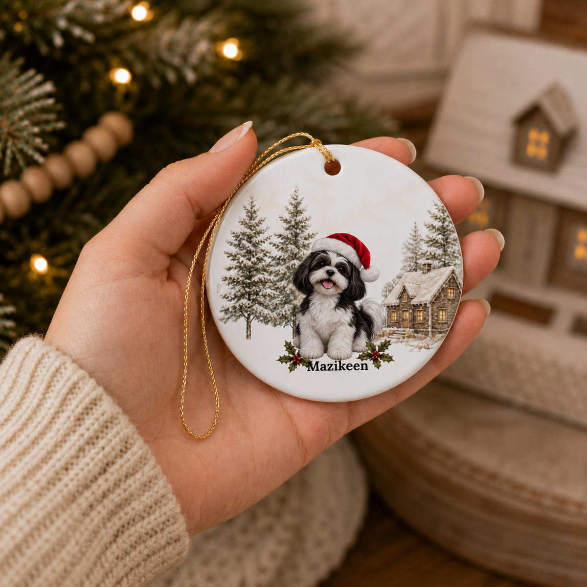 Personalized Black & White Shih Tzu Christmas Ornament | Custom Ceramic Dog Ornament 2026