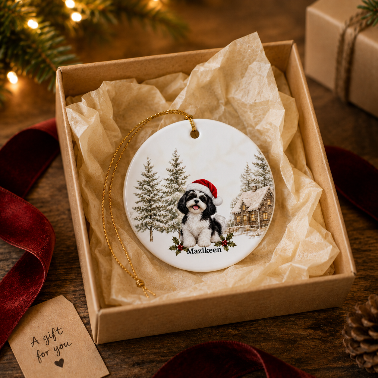 Personalized Black & White Shih Tzu Christmas Ornament | Custom Ceramic Dog Ornament 2026