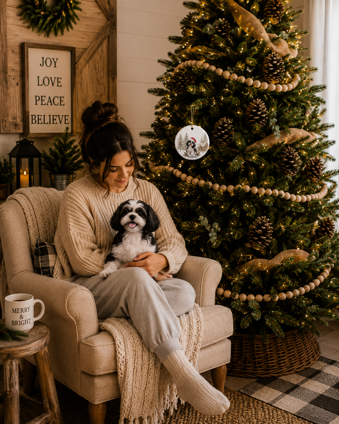 Personalized Black & White Shih Tzu Christmas Ornament | Custom Ceramic Dog Ornament 2026