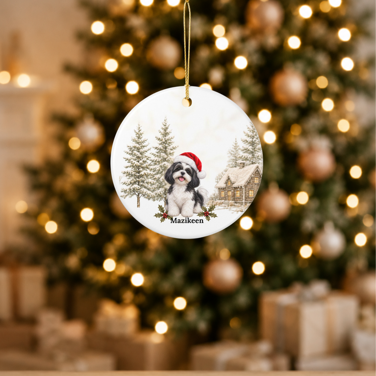 Personalized Black & White Shih Tzu Christmas Ornament | Custom Ceramic Dog Ornament 2026