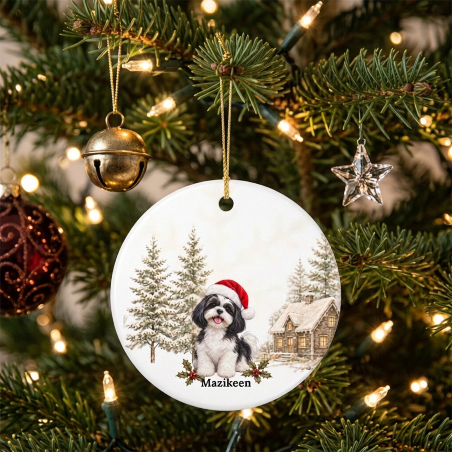 Personalized Black & White Shih Tzu Christmas Ornament | Custom Ceramic Dog Ornament 2026