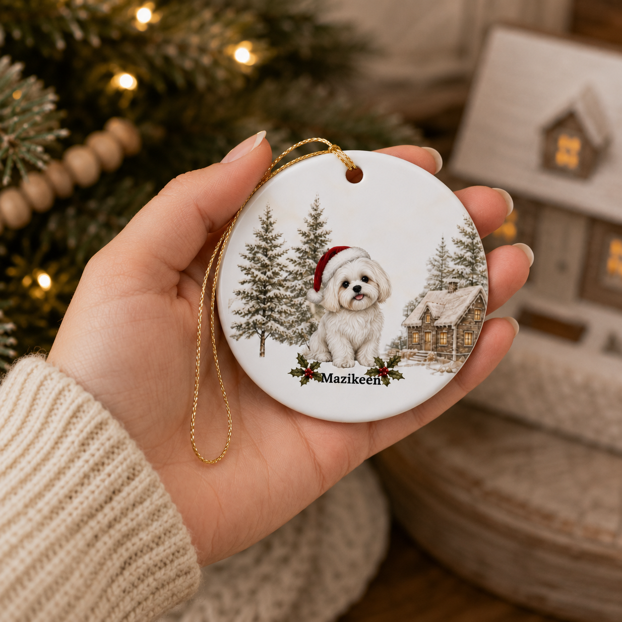 Personalized White Shih Tzu Christmas Ornament | Custom Ceramic Dog Ornament 2026