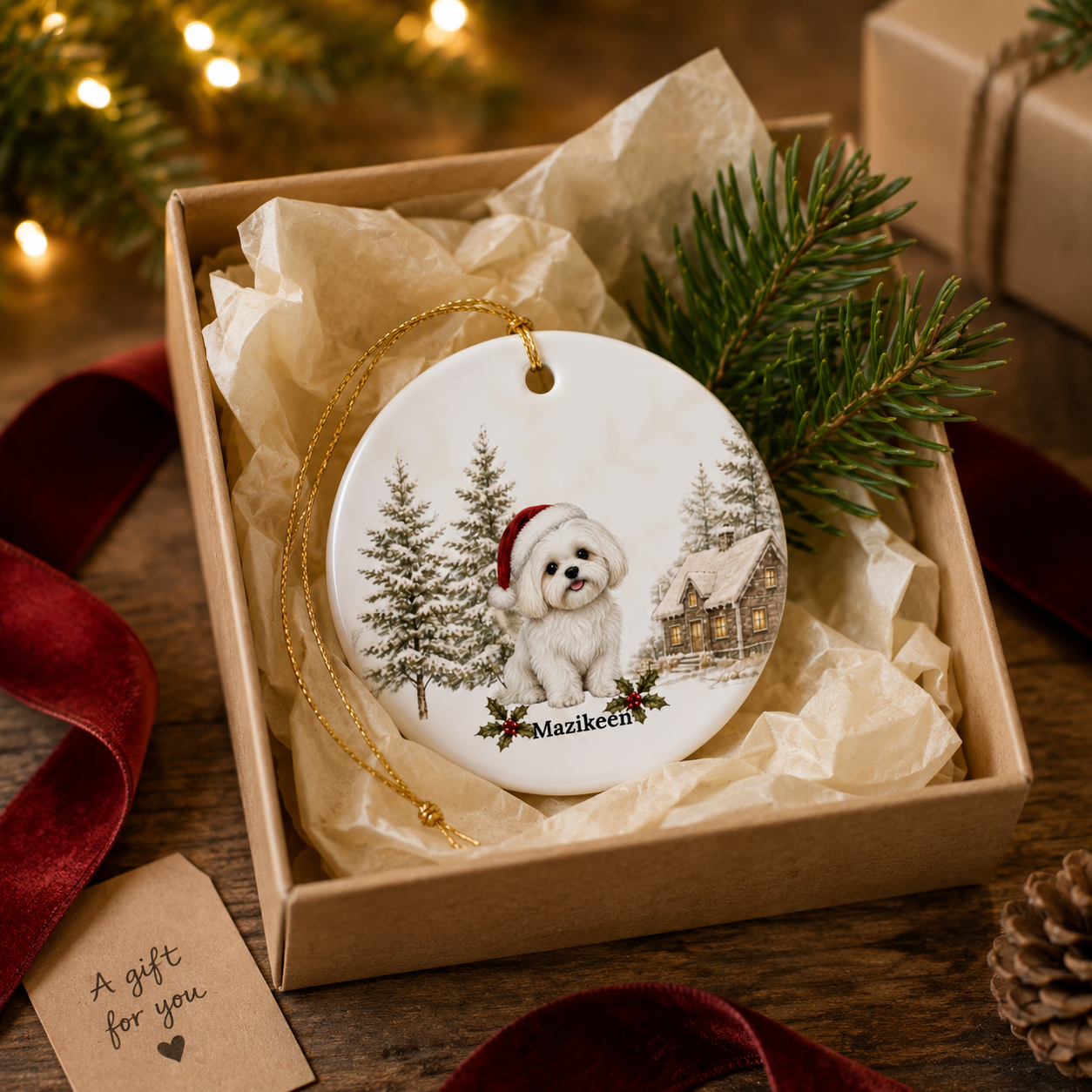 Personalized White Shih Tzu Christmas Ornament | Custom Ceramic Dog Ornament 2026