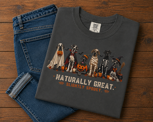 Halloween Great Danes in Costume Funny T-Shirt — "Naturally Great" Pumpkin & Skeleton Dane Graphic Tee