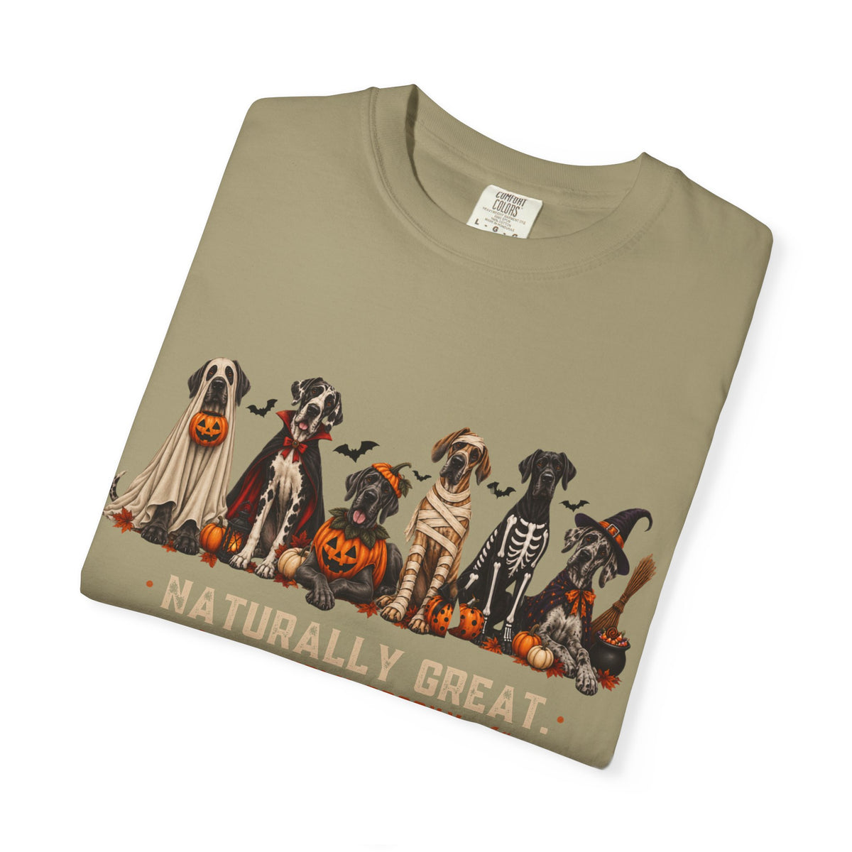 Halloween Great Danes in Costume Funny T-Shirt — "Naturally Great" Pumpkin & Skeleton Dane Graphic Tee