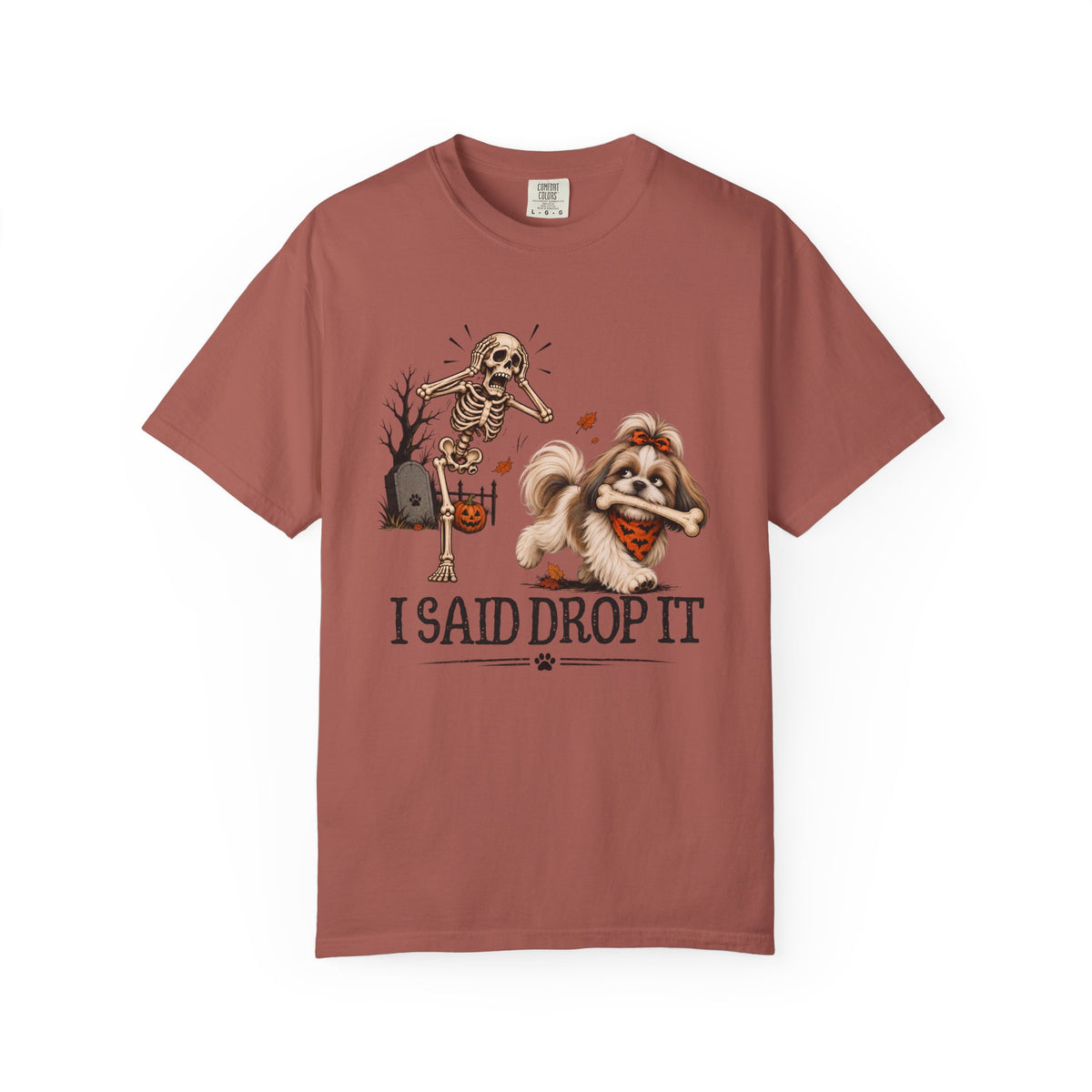 I Said Drop It T-Shirt — Funny Halloween Shih Tzu and Skeleton Graphic Tee