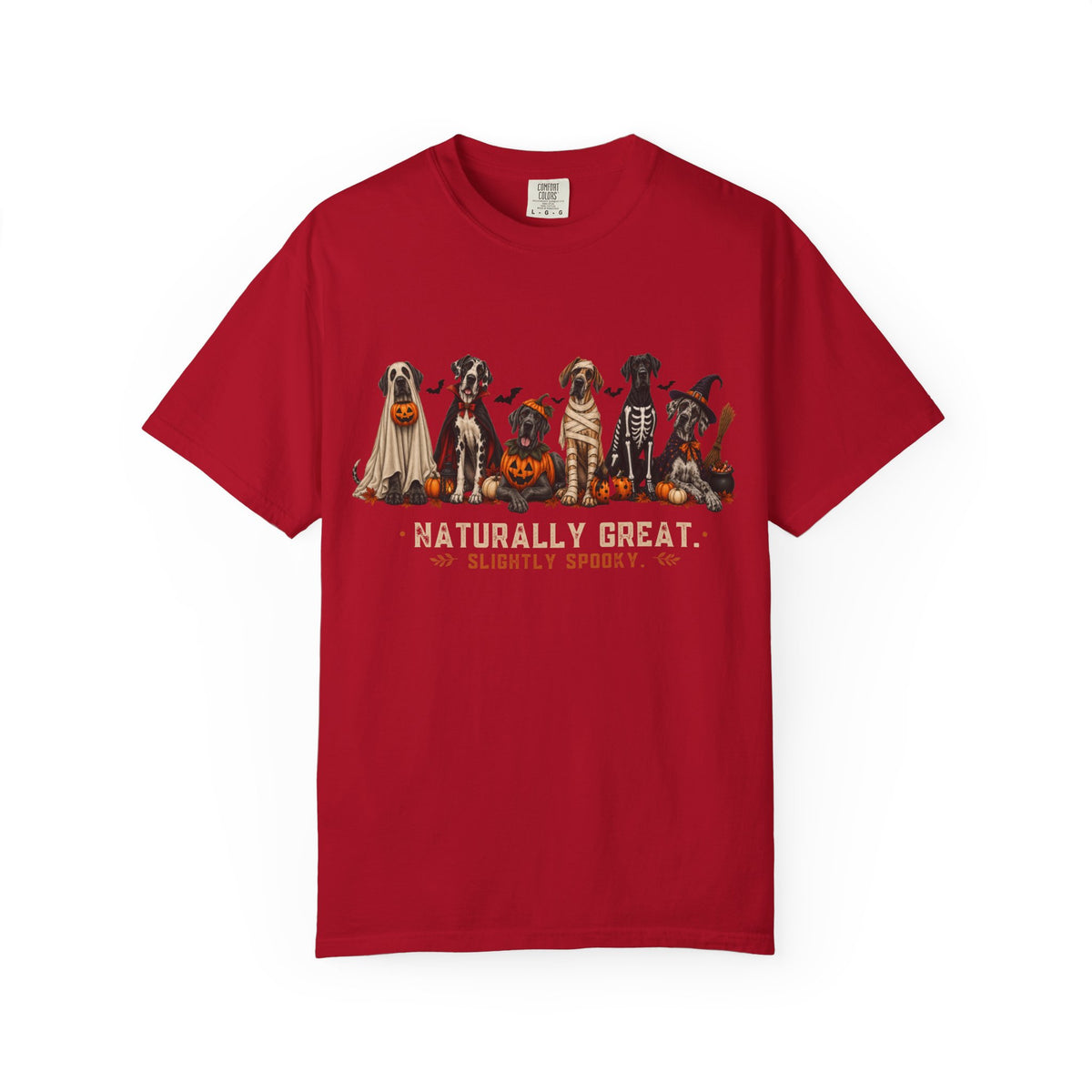 Halloween Great Danes in Costume Funny T-Shirt — "Naturally Great" Pumpkin & Skeleton Dane Graphic Tee